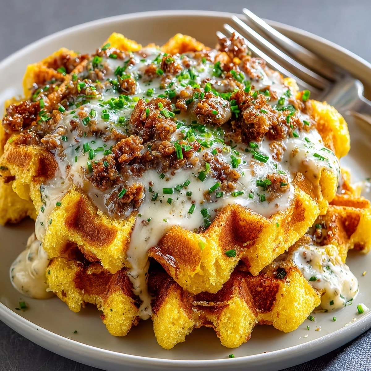 Cornbread Waffles with Buttermilk Gravy served hot, golden and crispy, with sausage flecks.