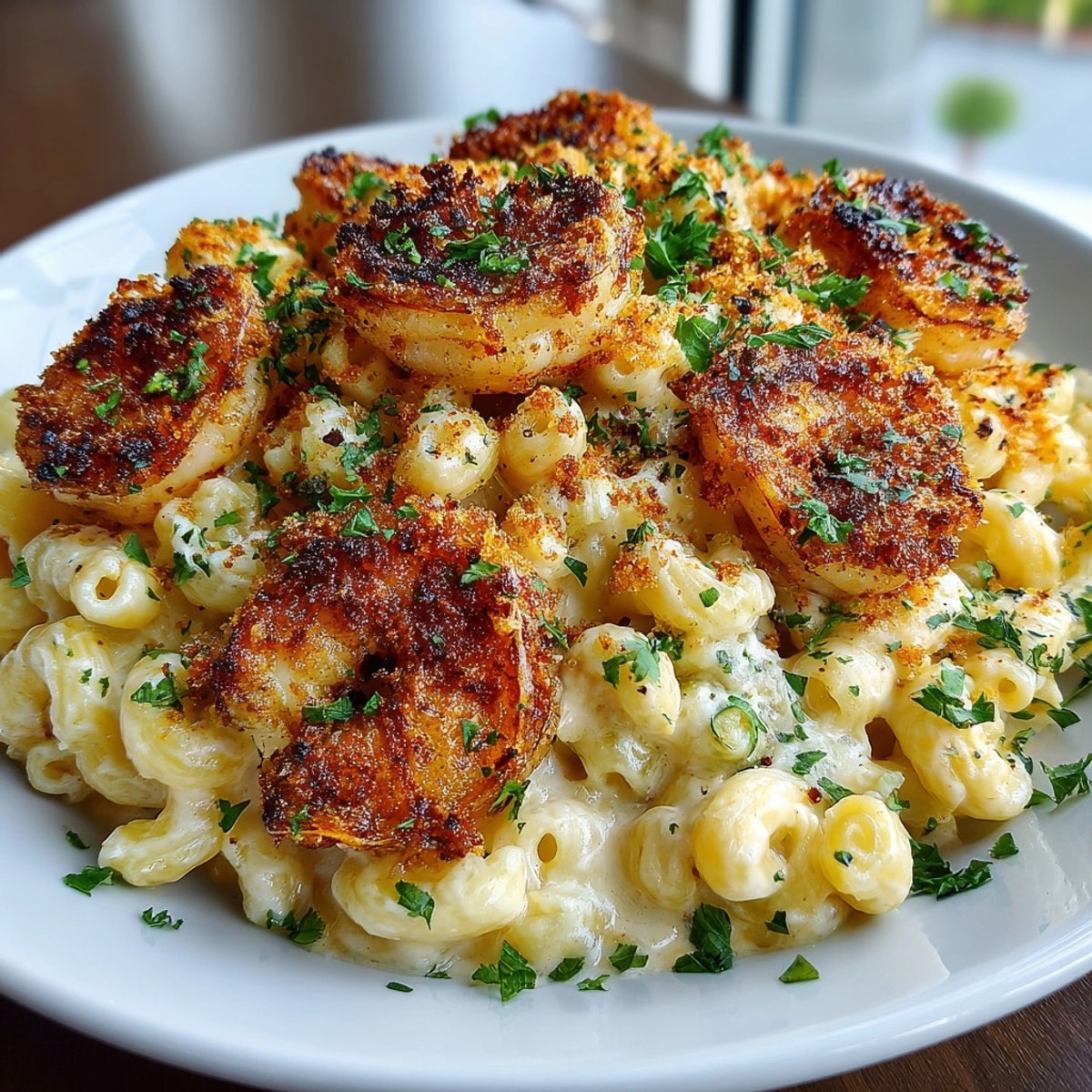 Close-up of creamy Cajun Shrimp Mac and Cheese, garnished with fresh parsley and spicy shrimp.