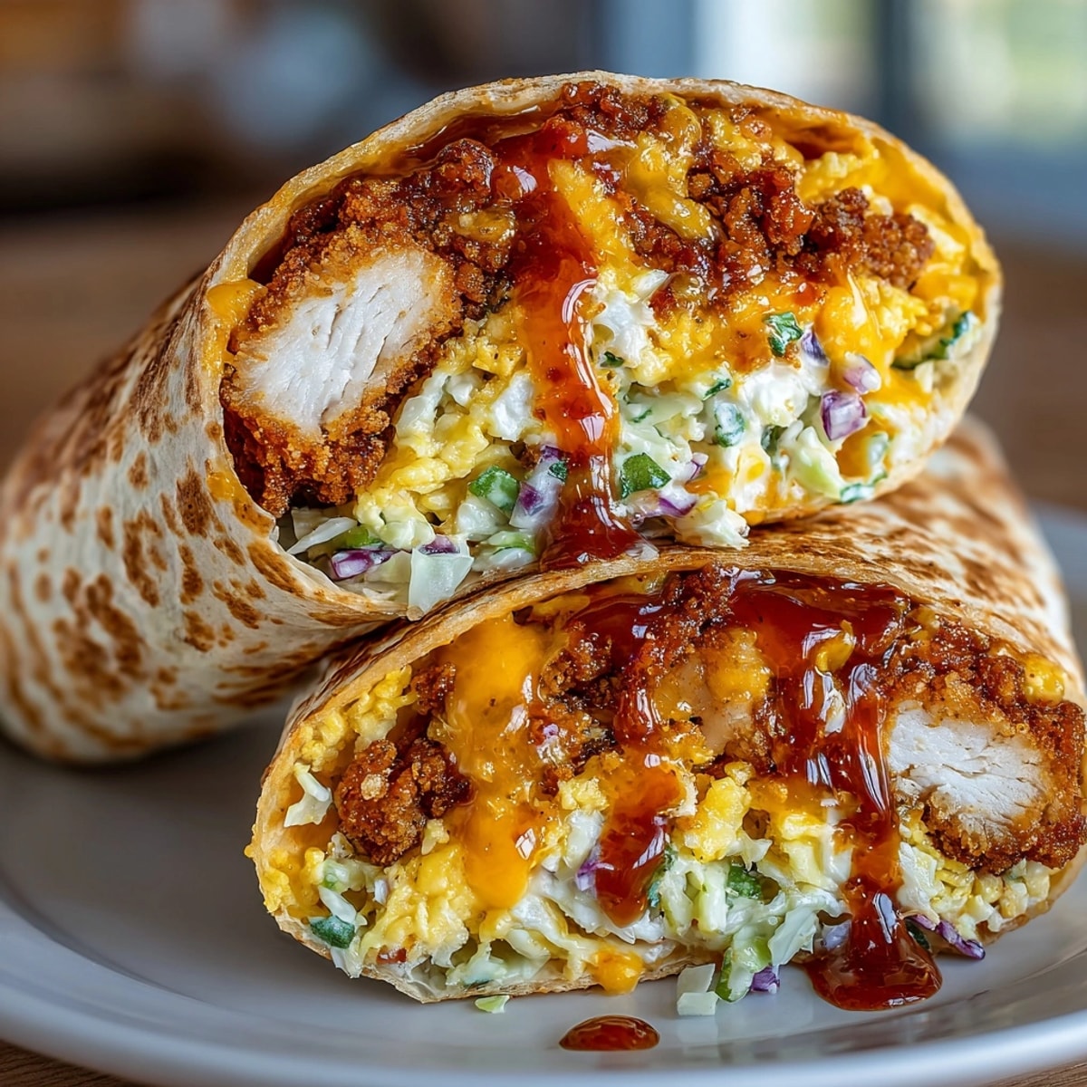 Nashville Hot Chicken Breakfast Burrito sliced open, showing crispy chicken, creamy slaw, and fluffy eggs inside a tortilla.