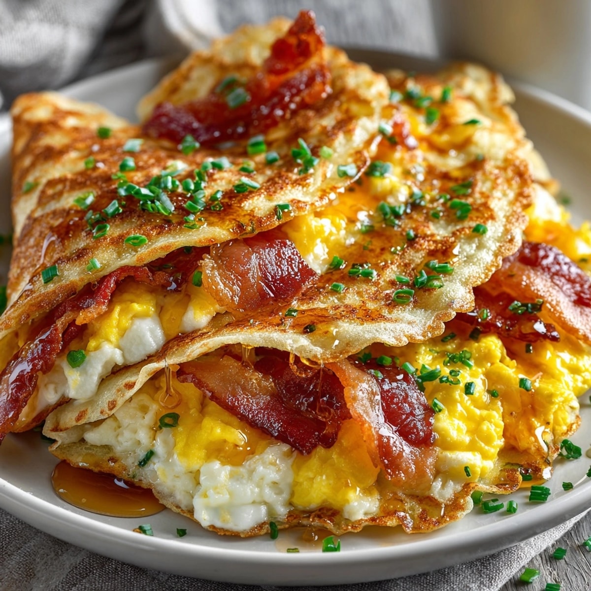 Maple Bacon Pancake Tacos filled with creamy scrambled eggs, crispy bacon, and drizzled syrup