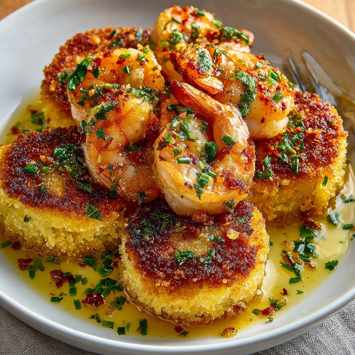 Southern Grit Cakes with Garlic Shrimp served golden and crisp, topped with juicy shrimp and fresh parsley garnish