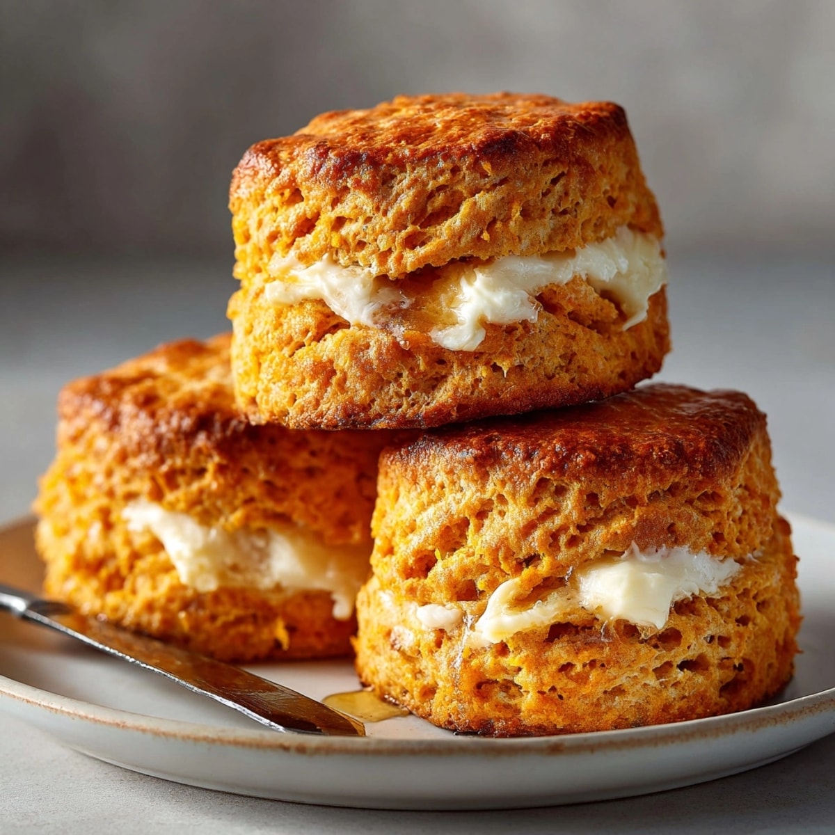 Fluffy sweet potato buttermilk biscuits sliced open, slathered with creamy honey butter for breakfast.