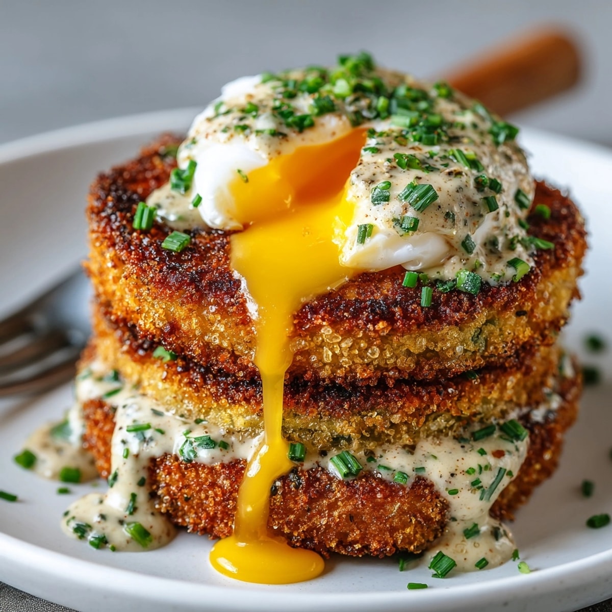 Fried Green Tomato Benedict stacked on toasted English muffins with runny poached eggs and remoulade.
