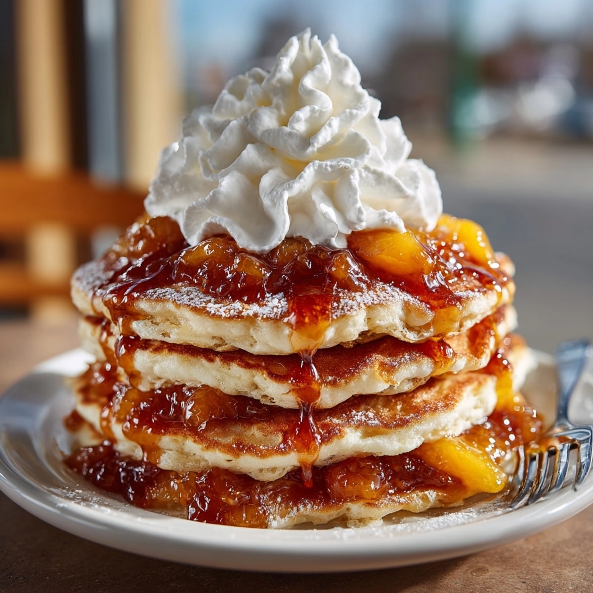 Freshly made peach cobbler pancakes layered with warm peach filling and a cloud of whipped cream.