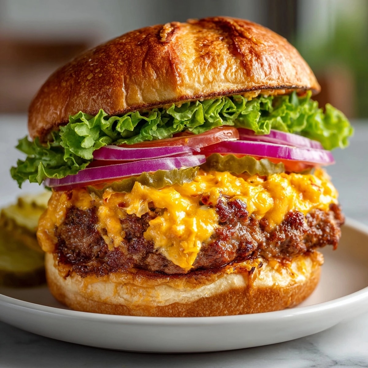 Close-up of a Pimento Cheese-Stuffed Burger on a toasted bun, juicy beef and tangy filling visible.