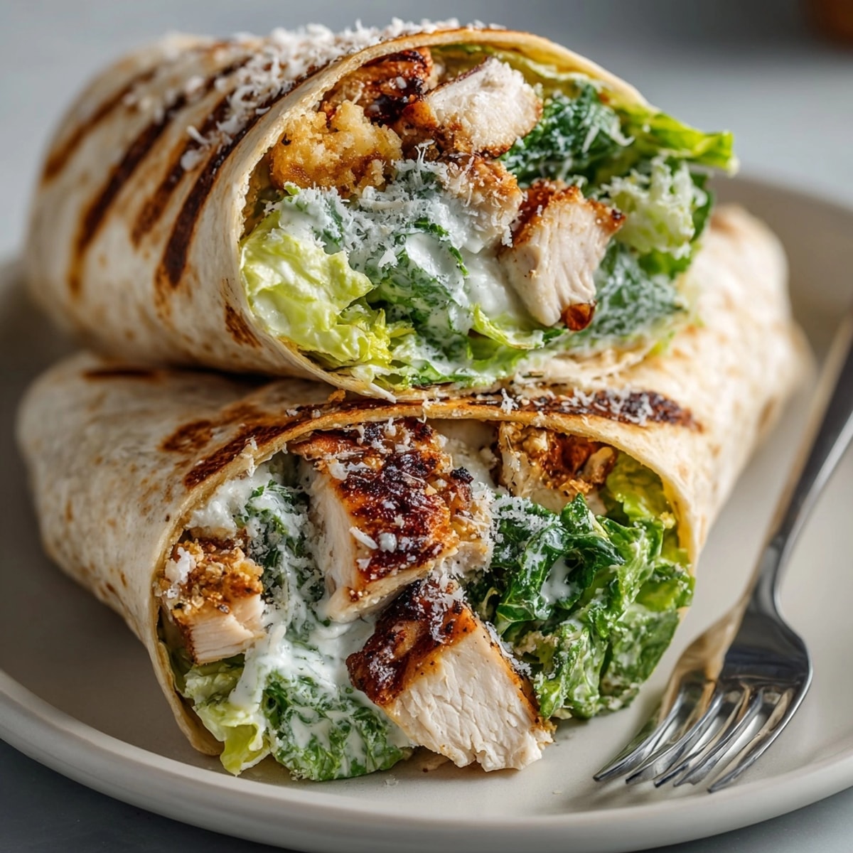 Classic Chicken Caesar Wrap tightly rolled with parmesan, crunchy croutons, and grilled chicken, ready for an easy American lunch.