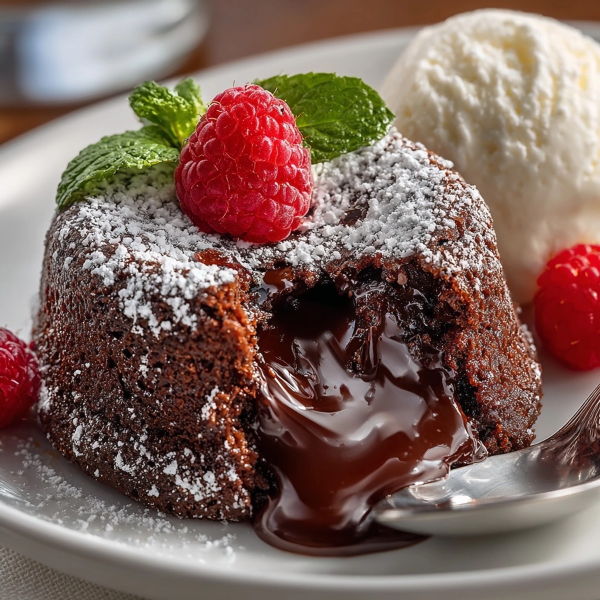 Warm Chocolate Lava Cake on a plate, dusted with powdered sugar and fresh berries.
