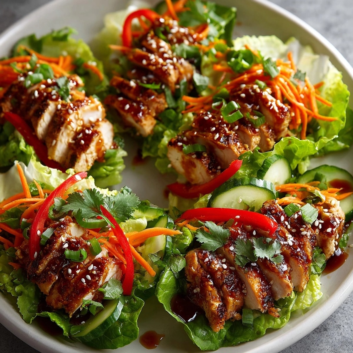 Grilled Chicken Lettuce Wraps filled with juicy chicken, crisp veggies, and tangy Asian-style sauce.