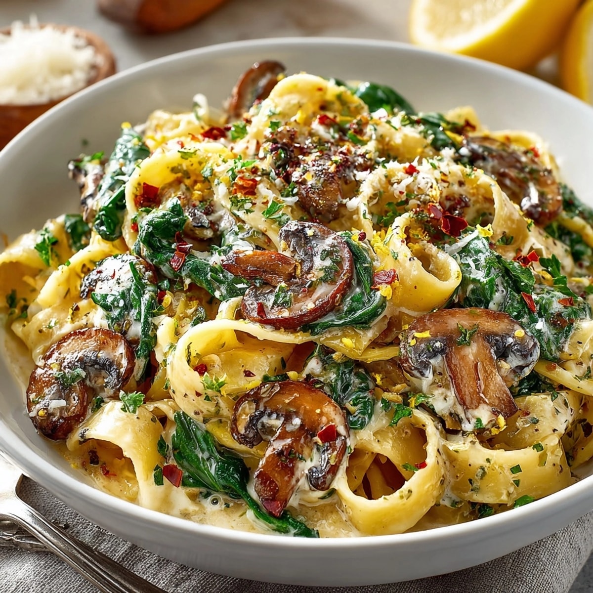 One-pot creamy mushroom and spinach pasta glistening with parmesan sauce in a rustic bowl.