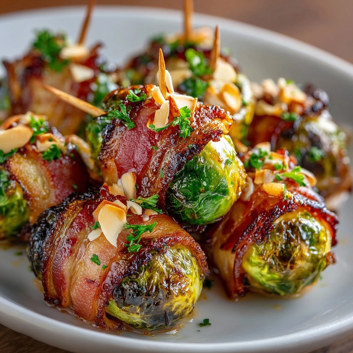 Spicy Maple Bacon Brussels Sprout Bites arranged on a platter, glistening with sweet-spicy glaze and toasted almonds.