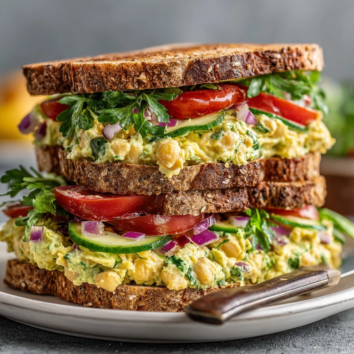 Smashed Chickpea & Avocado Salad Sandwich with fresh greens and tomatoes on toasted bread.