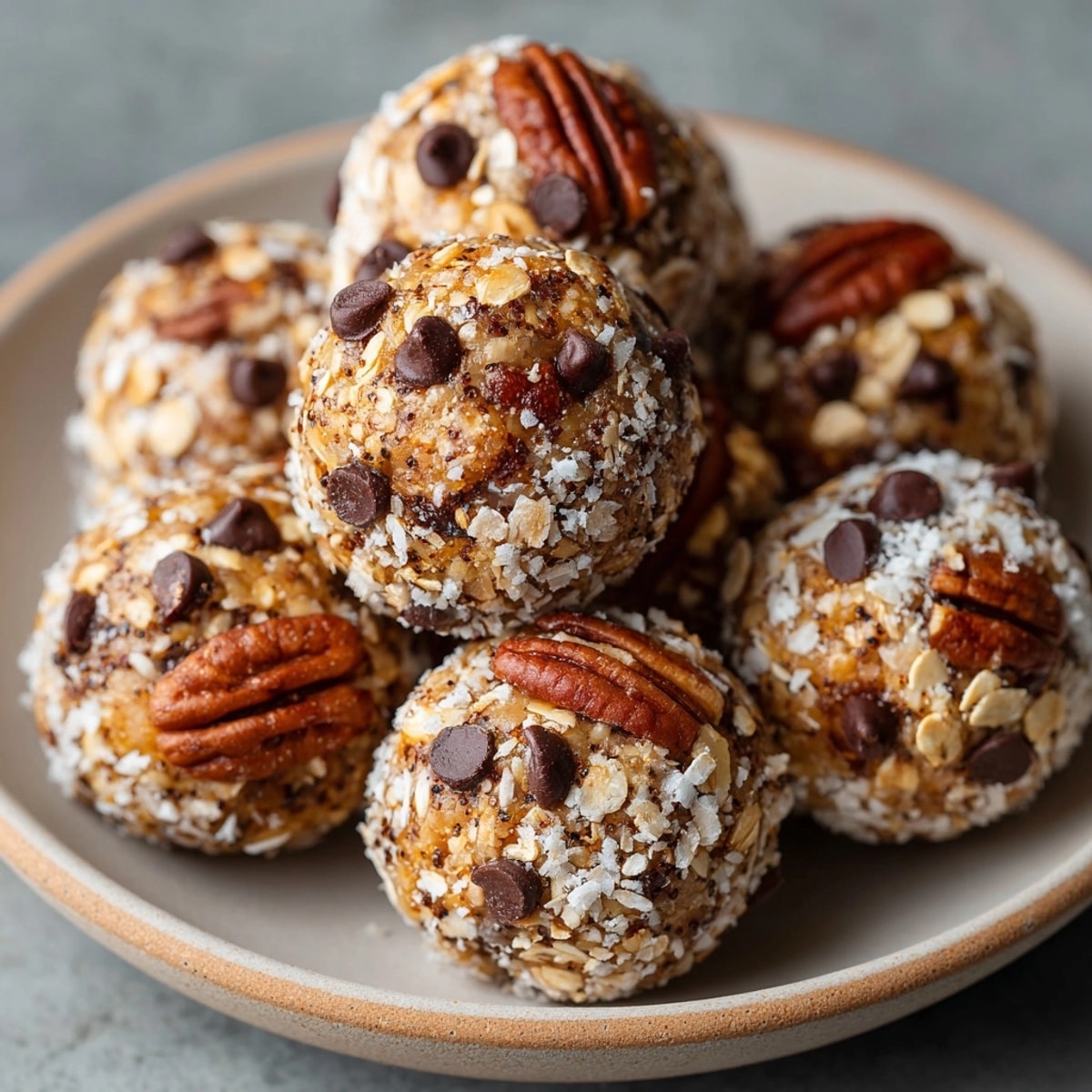 Close-up of 5-Minute Maple Pecan Energy Balls with Pumpkin Spice on a rustic plate.