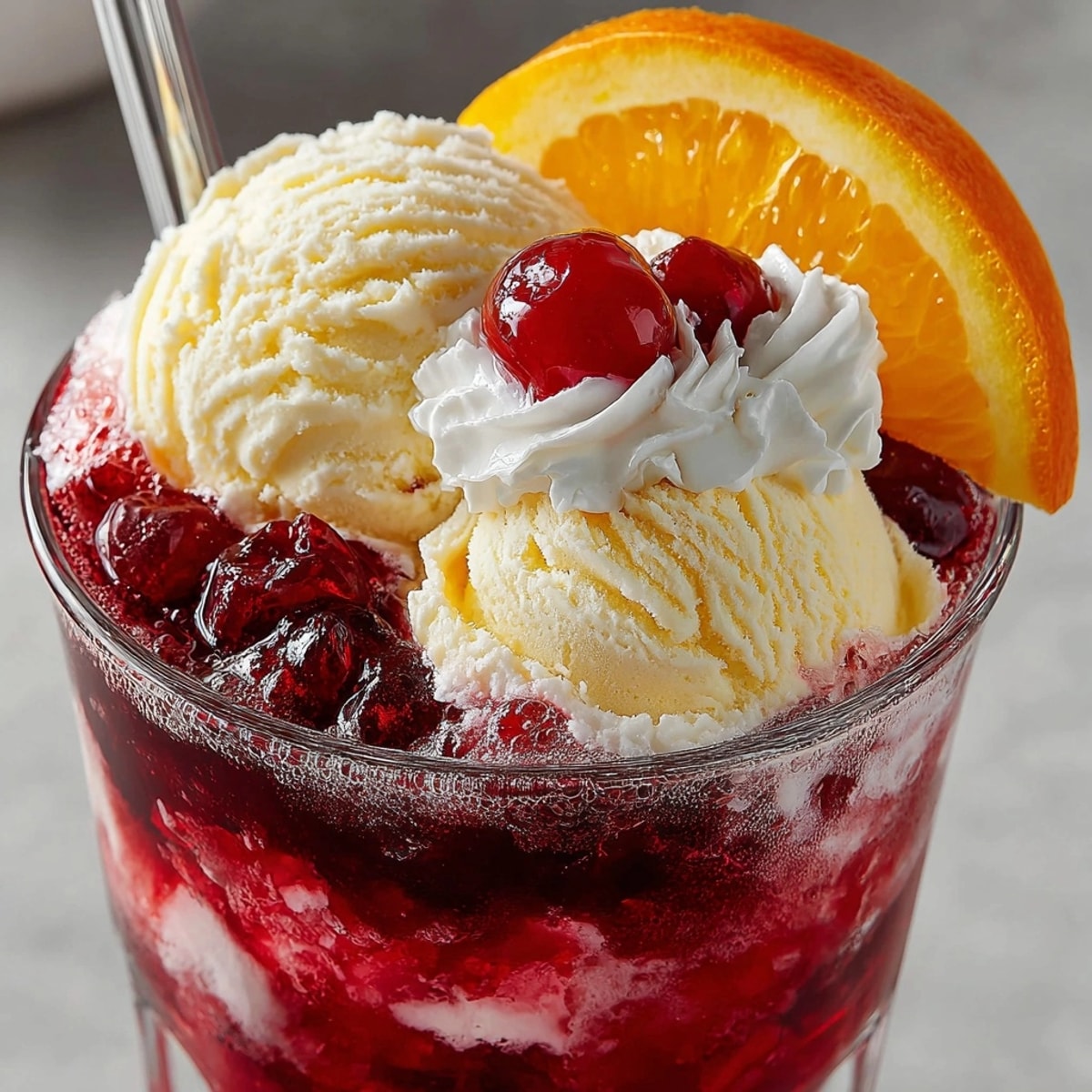Rebel Float Cranberry Orange Soda with Vanilla Ice Cream topped with whipped cream and fresh orange slices.