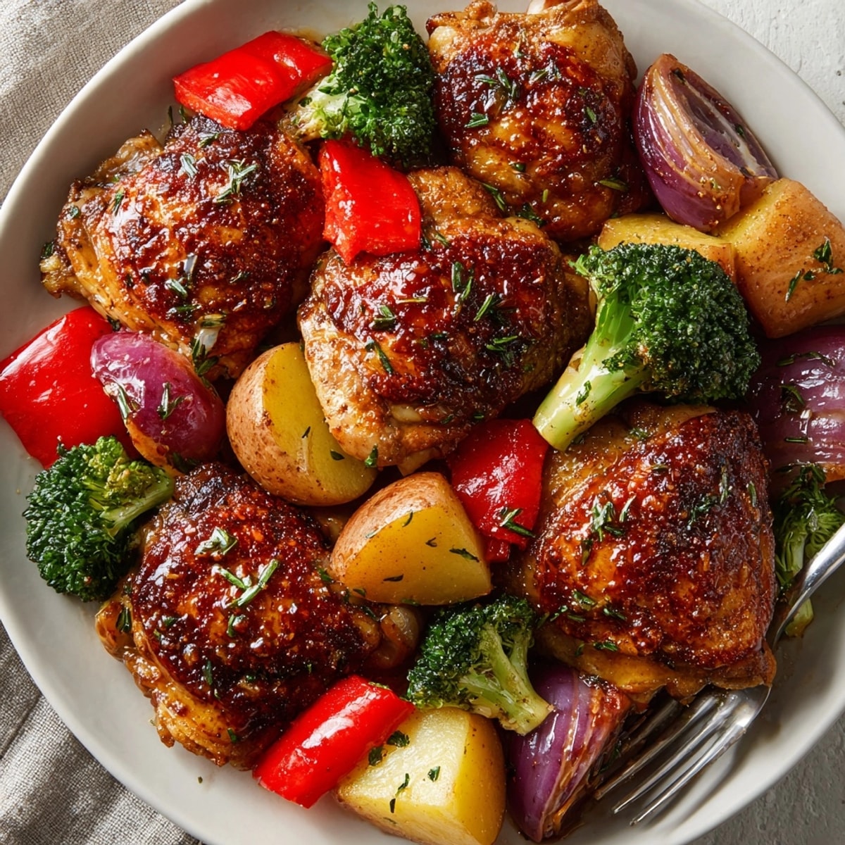 Sheet Pan Honey Garlic Chicken Thighs with Roasted Vegetables, golden skin and caramelized edges, fresh from the oven