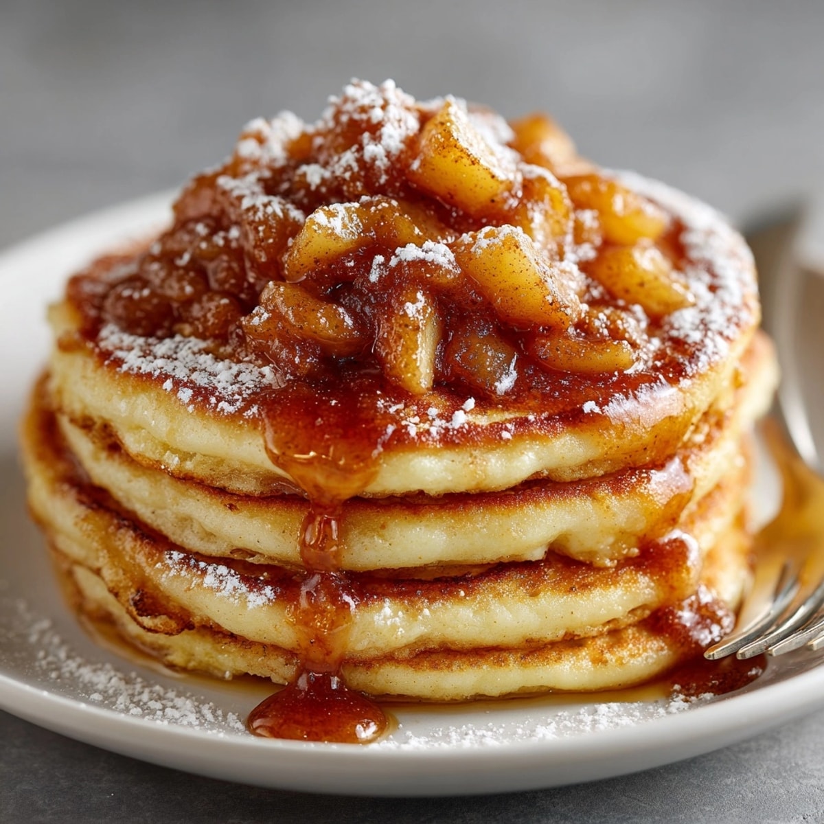 Stack of Brown Butter Cinnamon Roll Pancakes with Apple Compote drizzled in maple syrup for brunch.