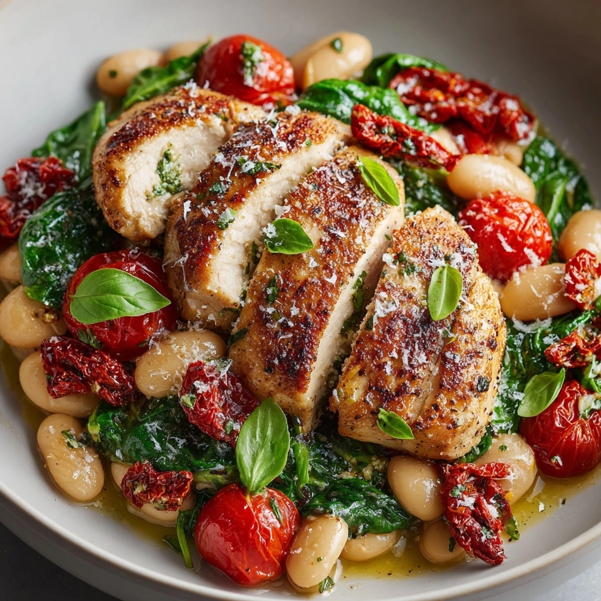 One-Pan Tuscan White Bean Chicken Skillet with golden chicken, creamy beans, and fresh basil garnish.