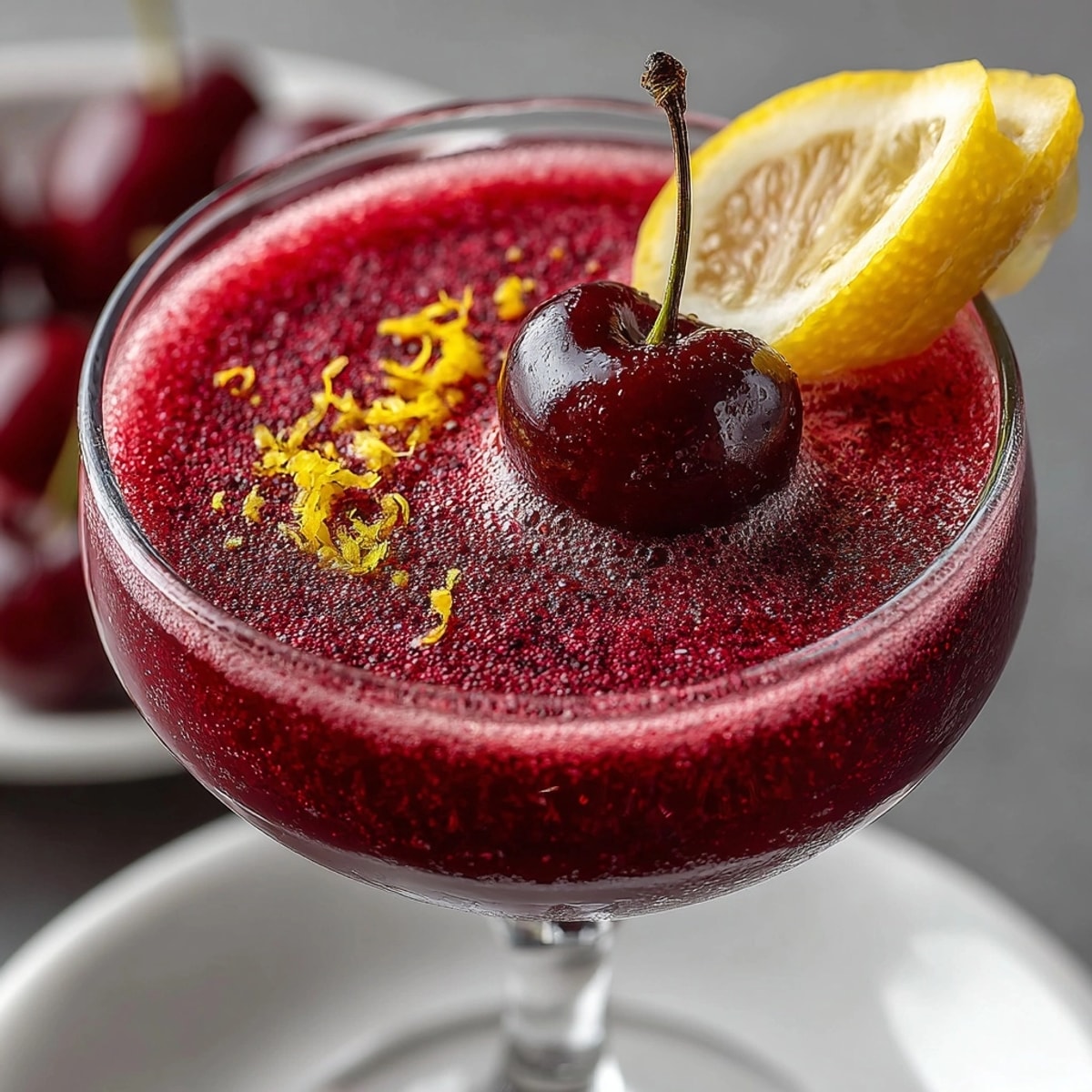 Cherry Martini Mocktail with Sparkling Water Twist served in chilled glasses, garnished with fresh cherries and lemon zest.