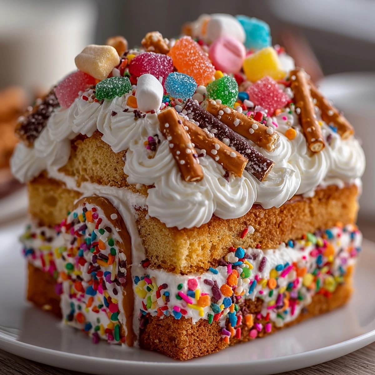 Silly Cake Gingerbread House Disaster Design decorated with bright candies and whimsical, imperfect frosting lines.