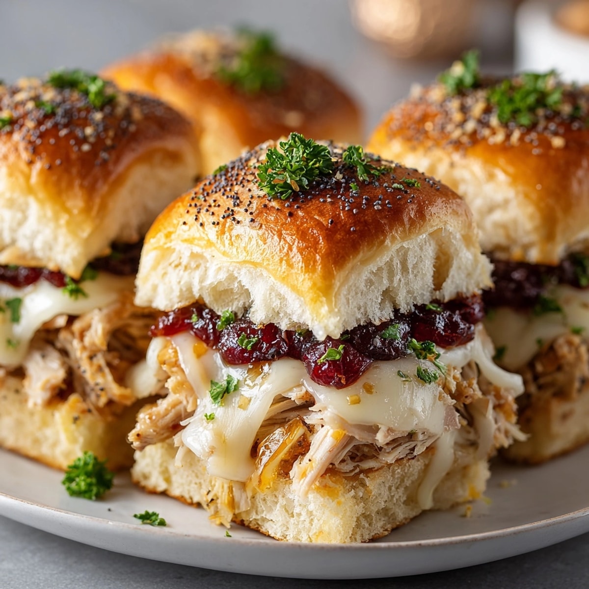 Warm Thanksgiving Leftover Turkey Cranberry Sliders fresh from the oven, buttery tops and vibrant layers.