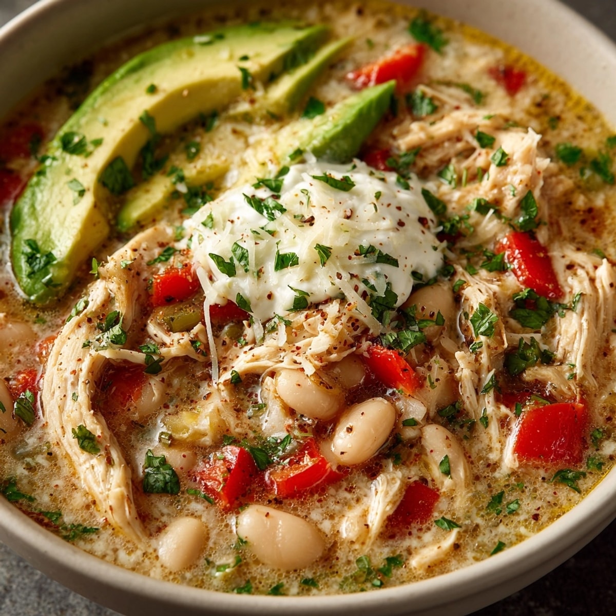 Bowl of cozy winter white chicken chili topped with cilantro, avocado, and shredded cheese.