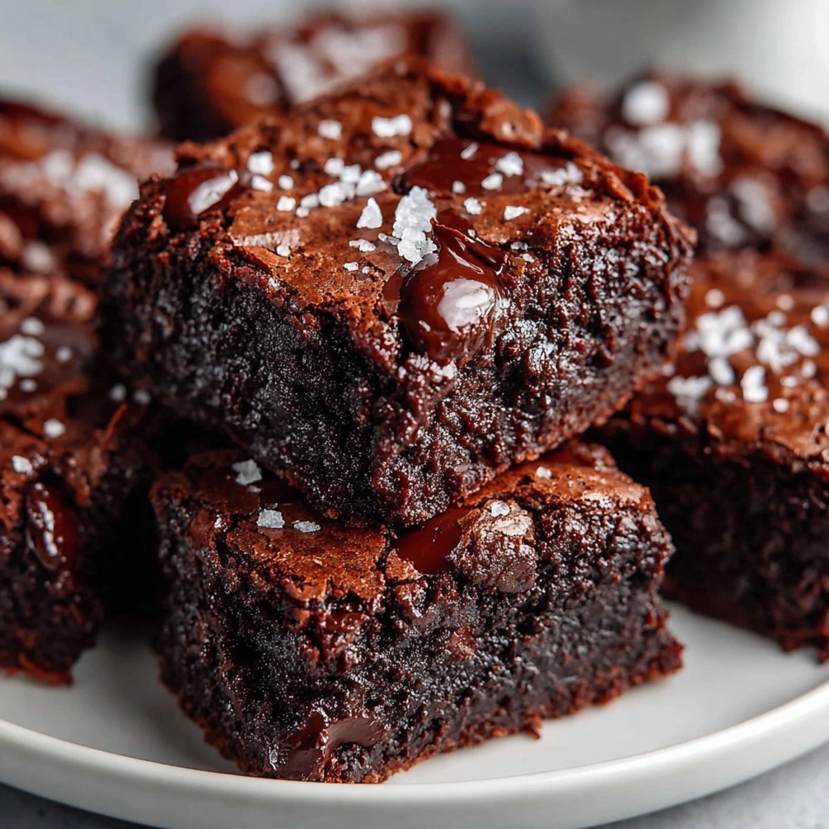 Decadent Dark Chocolate Avocado Brownies with Sea Salt stacked on a plate, fudge-like and glistening with flakes.