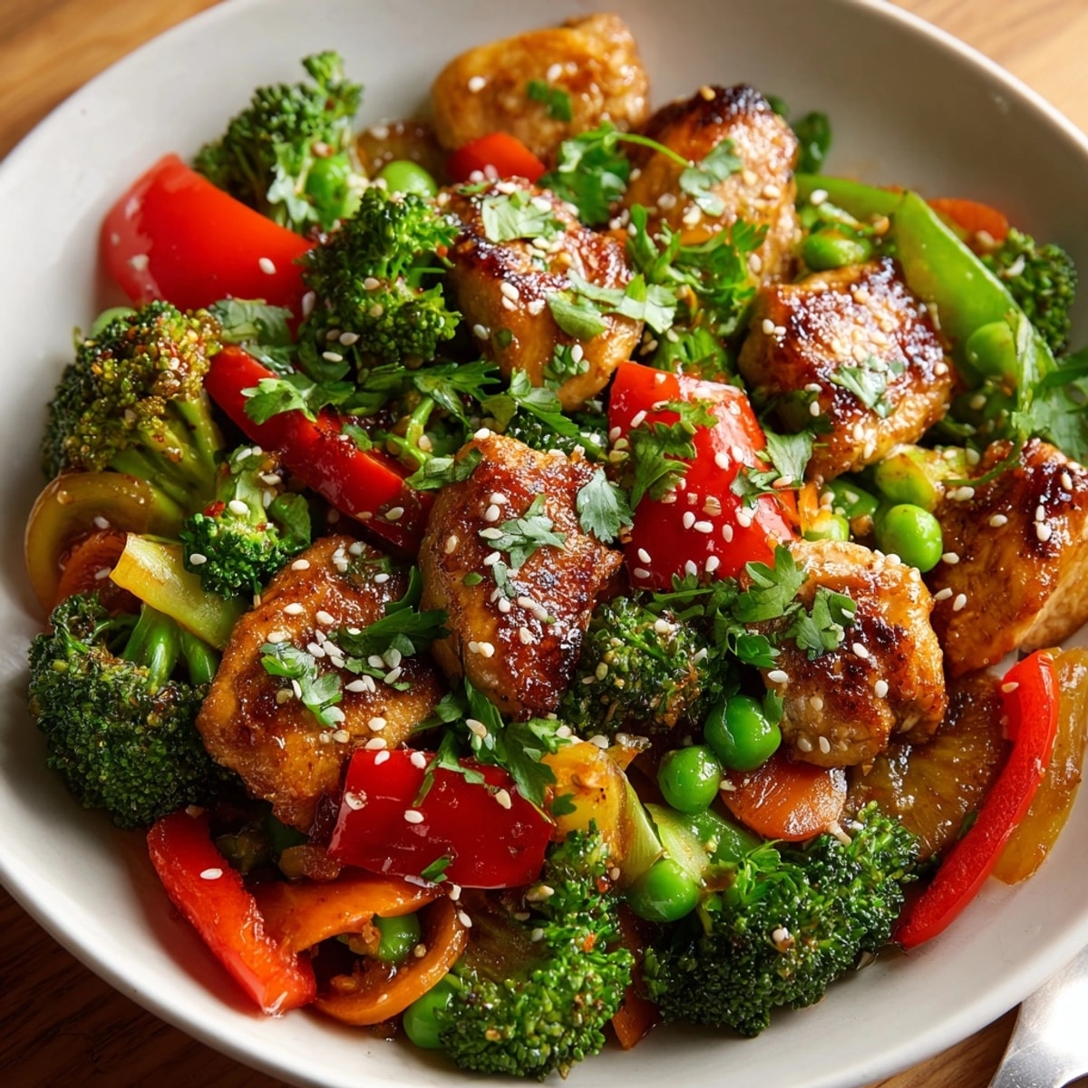 No-Fuss 20-Minute Stir-Fry: Colorful vegetables and tender chicken coated in a rich sauce.