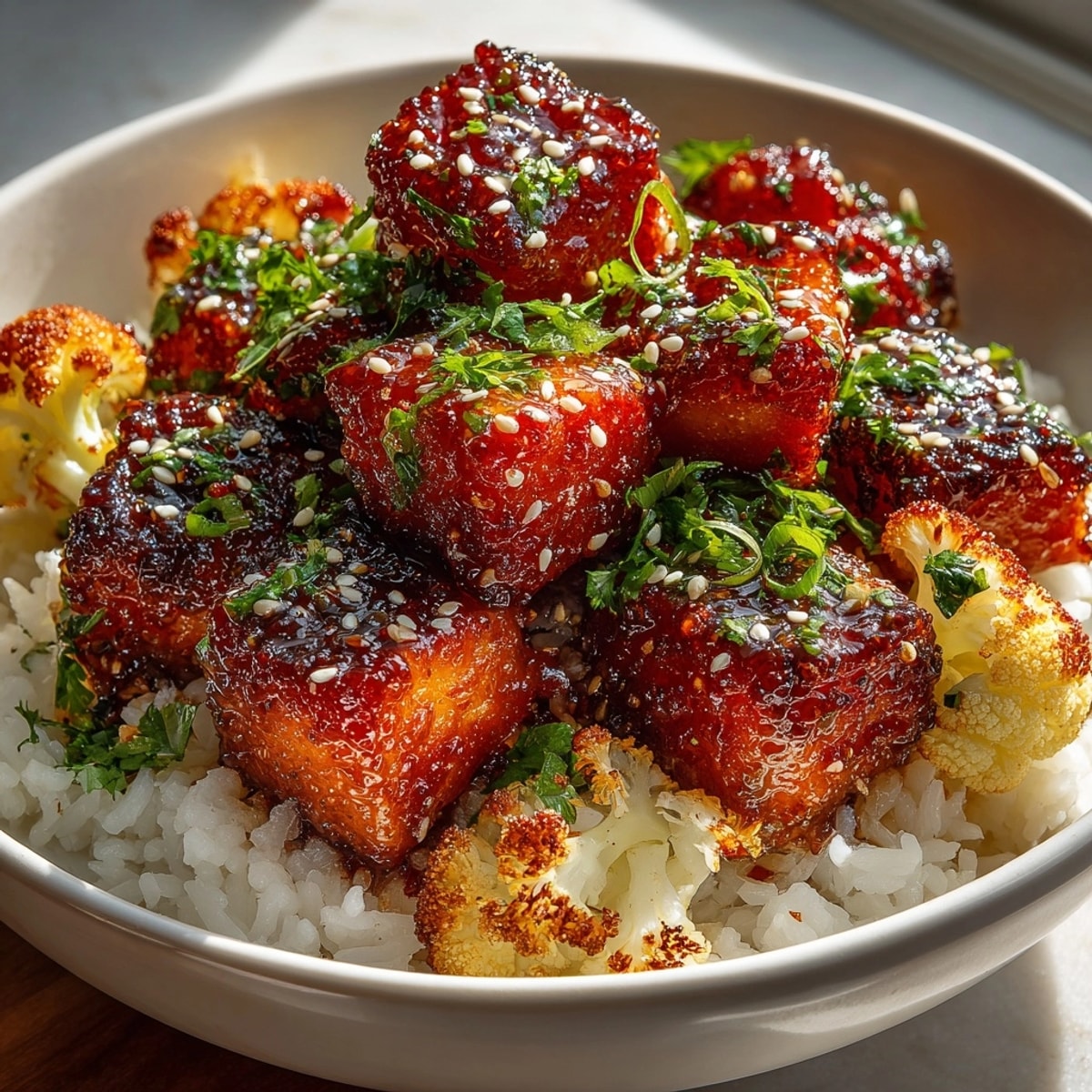 Golden, glazed Sriracha Honey Salmon Bowls with fluffy rice and colorful garnishes, ready for eating.