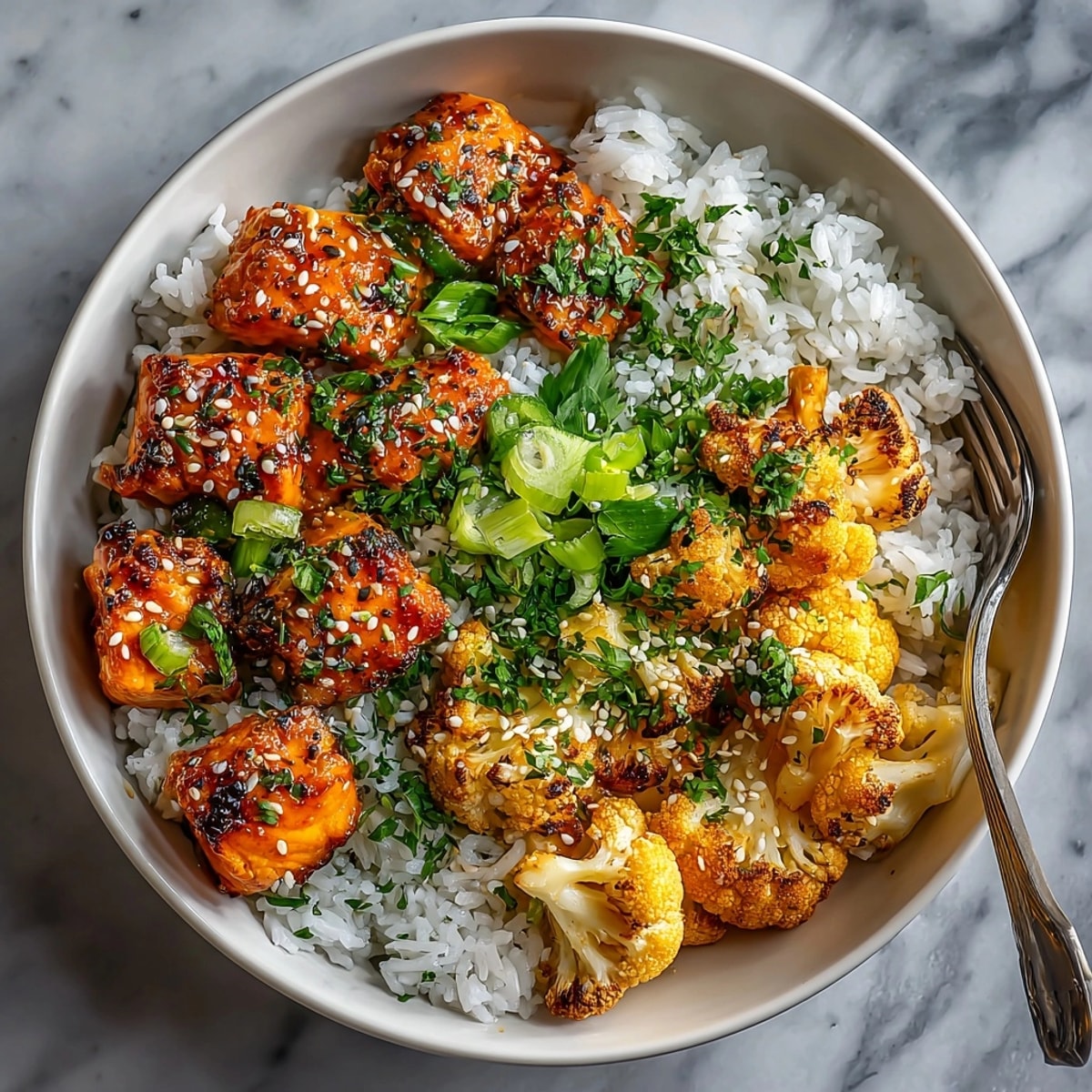 Vibrant Sriracha Honey Salmon Bowls: a flavorful mix of sweet salmon over rice, sprinkled with sesame seeds.