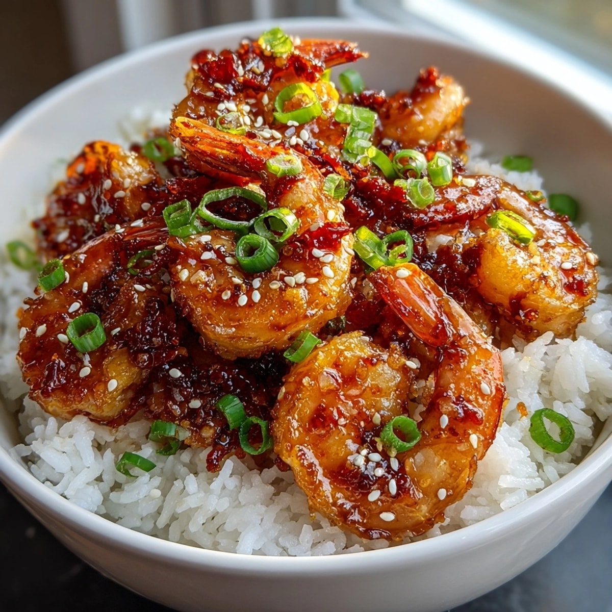 Golden honey garlic shrimp glistening atop fluffy rice in this delicious bowl.
