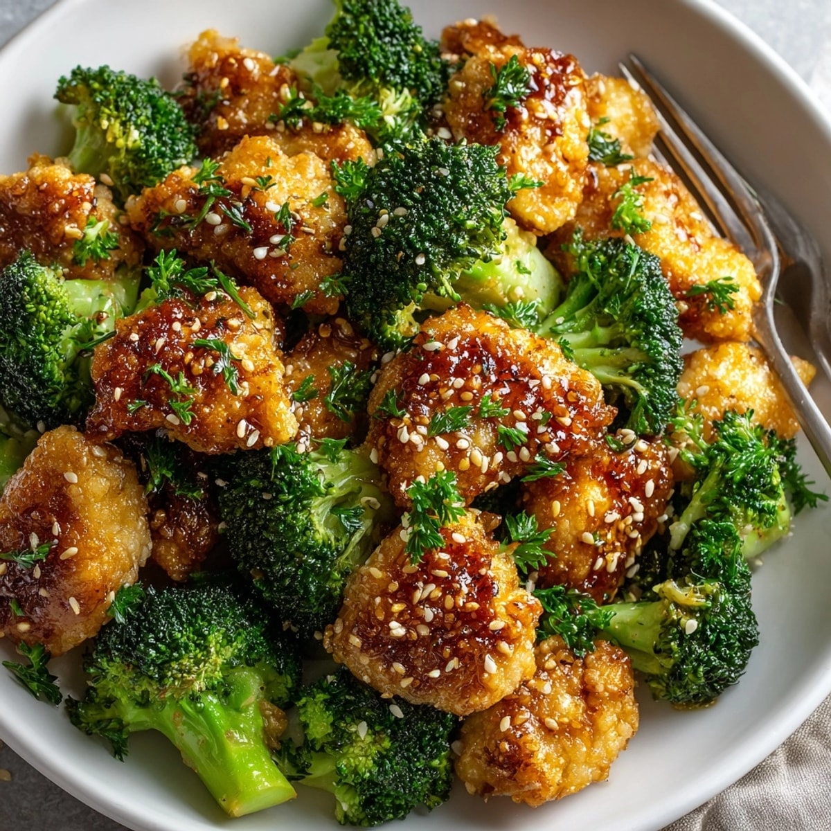 Golden brown Garlic Butter Chicken & Broccoli, served with vibrant green broccoli florets, looks incredibly delicious.