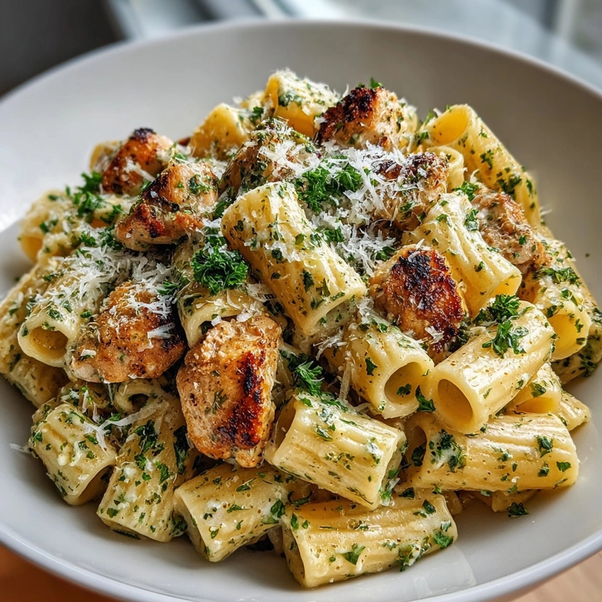 Golden garlic butter chicken with rigatoni, rich cream sauce, and Parmesan, ready to serve.