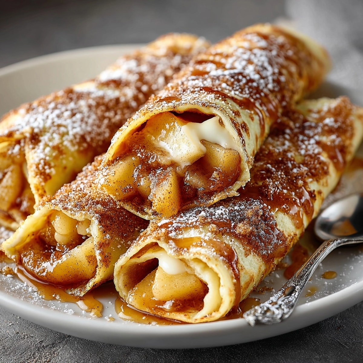 Golden, baked Fall Cinnamon Sugar Dessert Wraps, cinnamon-sugar filling oozing from a warm, crispy wrap.
