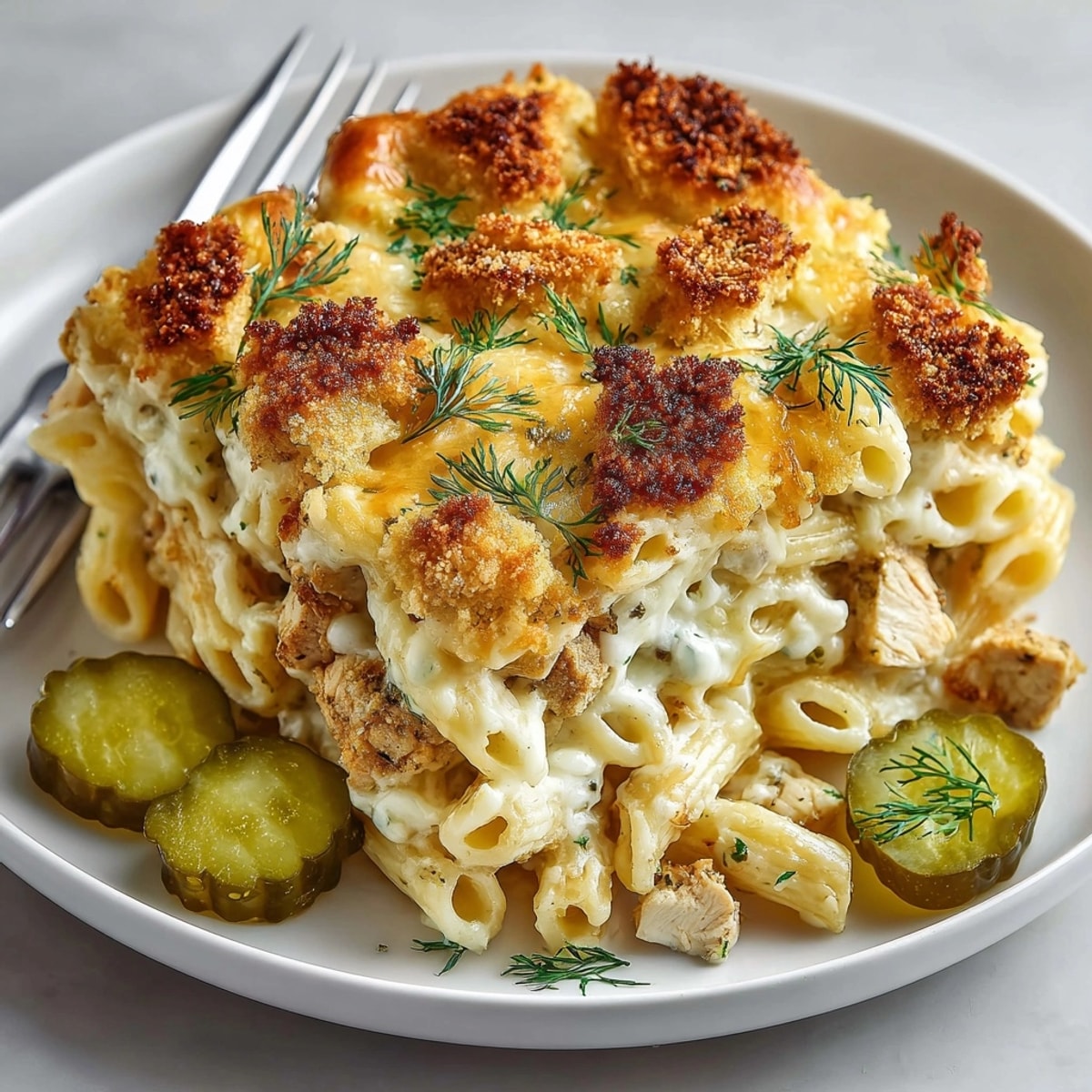 Pickle Chip Crusted Chicken Pasta Bake, golden and bubbly, is a comforting American casserole, ready to serve.