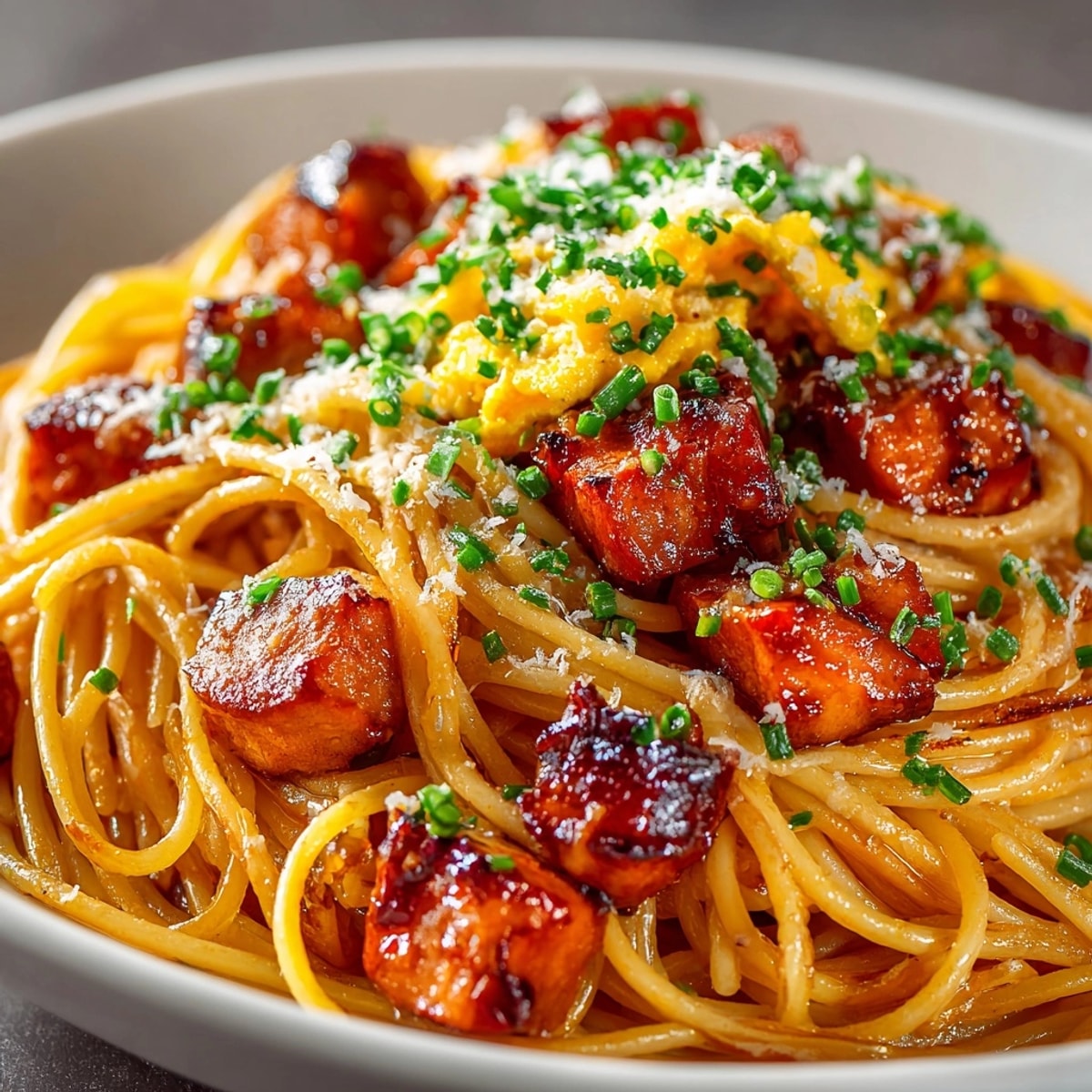 Golden, glistening Cherry Glazed Ham Breakfast Pasta, a sweet and savory brunch dish.