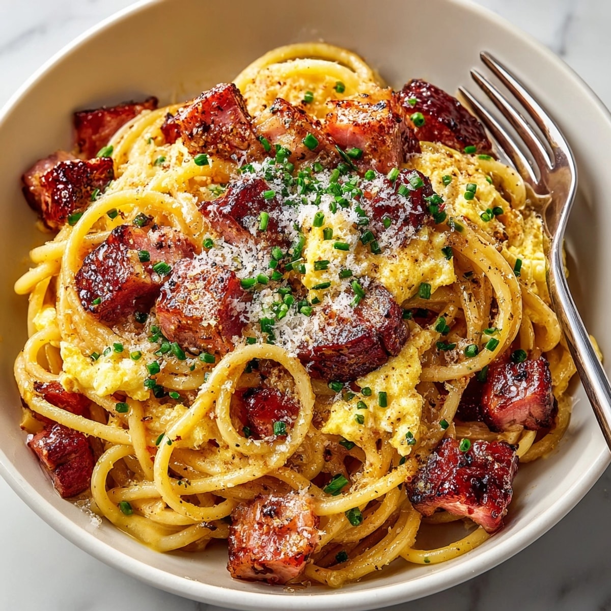 Close-up of Cherry Glazed Ham Breakfast Pasta with scrambled eggs herbs and a creamy glaze.