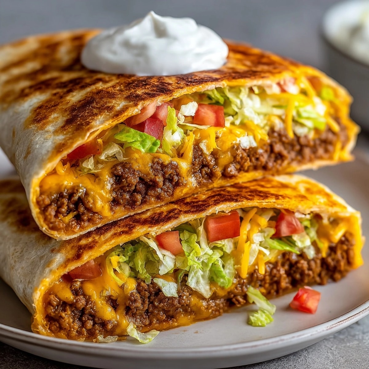 Golden-brown Taco Bell Crunchwrap Supreme, warm and crispy, perfectly showcases layers of delicious fillings.
