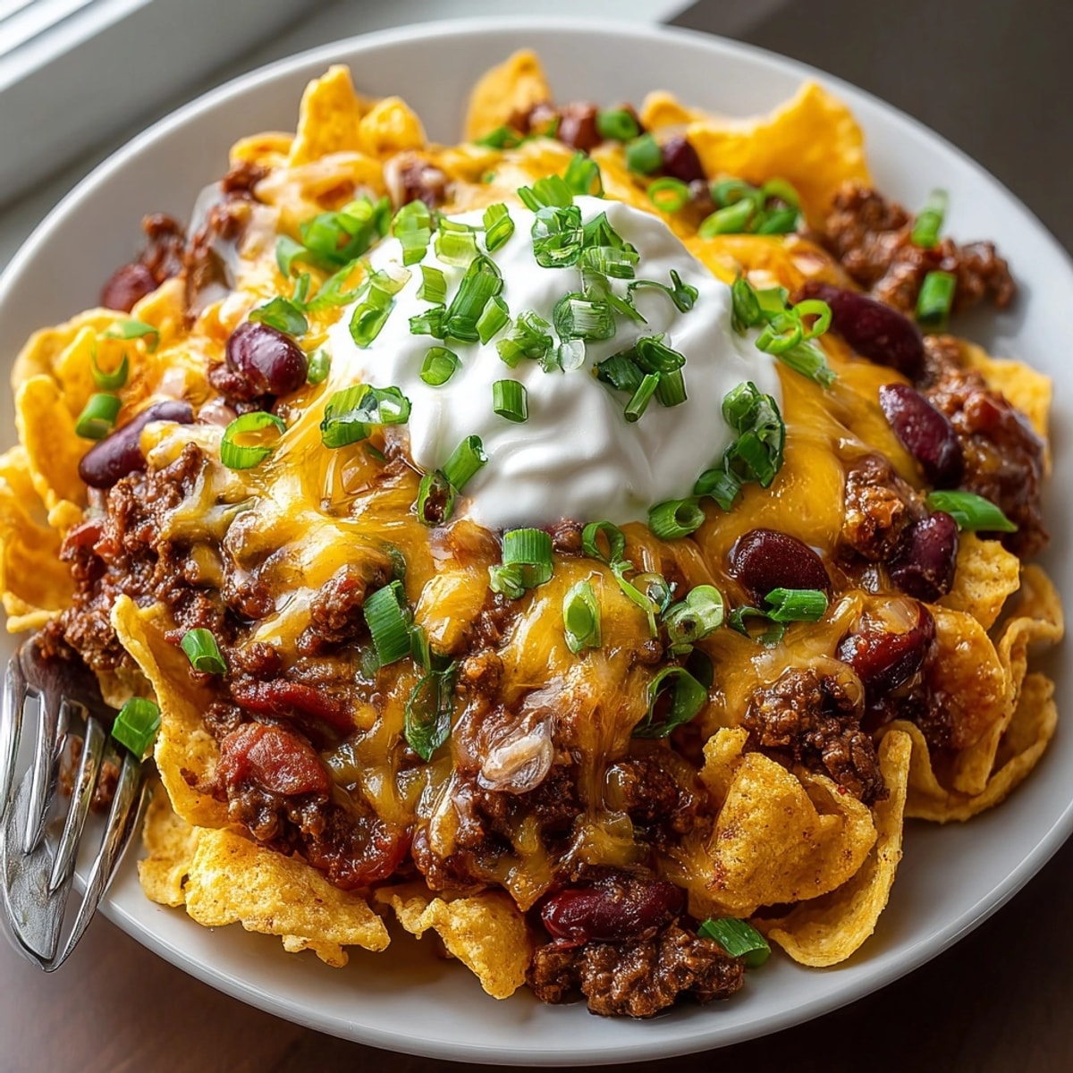 Warm and cheesy Chili Cheese Frito Pie topped with green onions, perfect for a potluck.