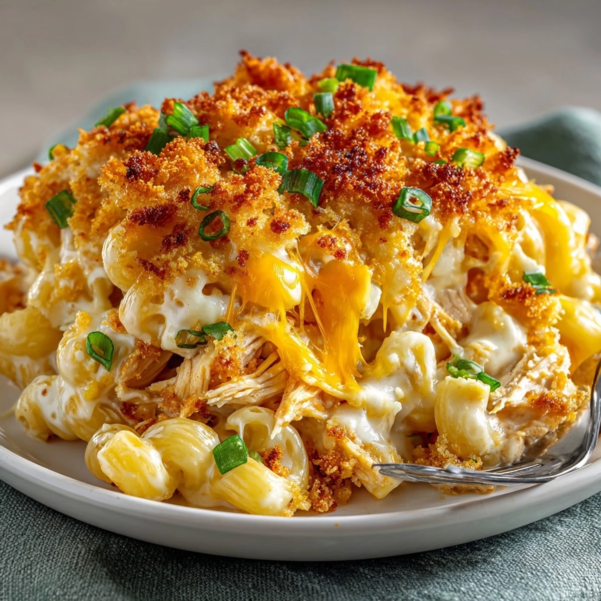 Golden bubbling Buffalo Chicken Dip Mac and Cheese, a comforting family meal with creamy cheese, savory chicken.
