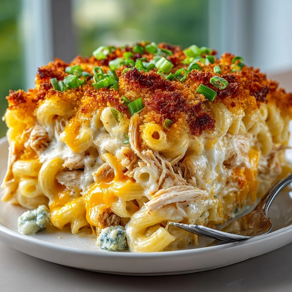 A close-up shot of Buffalo Chicken Dip Mac and Cheese, showing melty cheese and shredded chicken, perfect for game day.