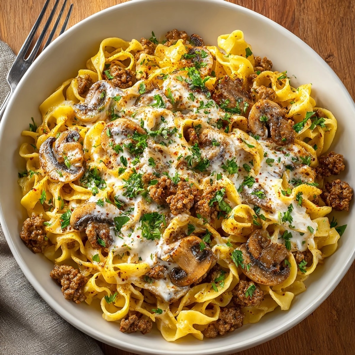 Taco seasoned ground beef stroganoff with hearty egg noodles, a creamy, flavorful dinner.