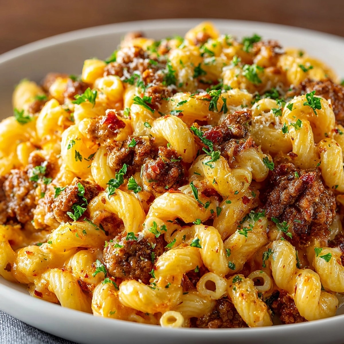 Steaming hot one-pot cheeseburger macaroni, a flavorful, creamy, and easy family dinner.