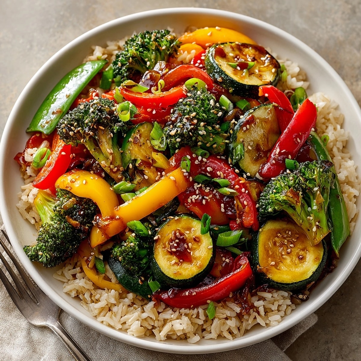 Steaming, colorful veggie stir fry over fluffy brown rice—a delicious and healthy meal.