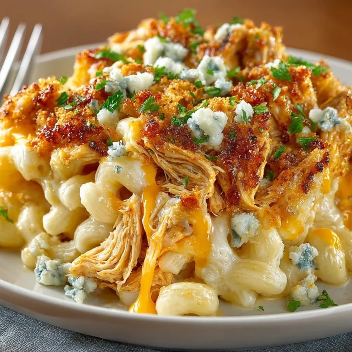 Steaming Buffalo Chicken Mac and Cheese with a golden, crunchy breadcrumb topping and visible cheese.