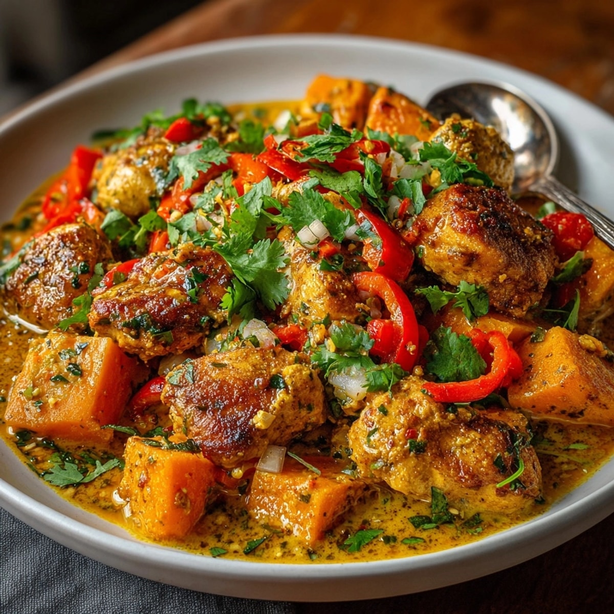 Chicken and sweet potato curry, a flavorful dish with tender chicken and vibrant sweet potatoes.