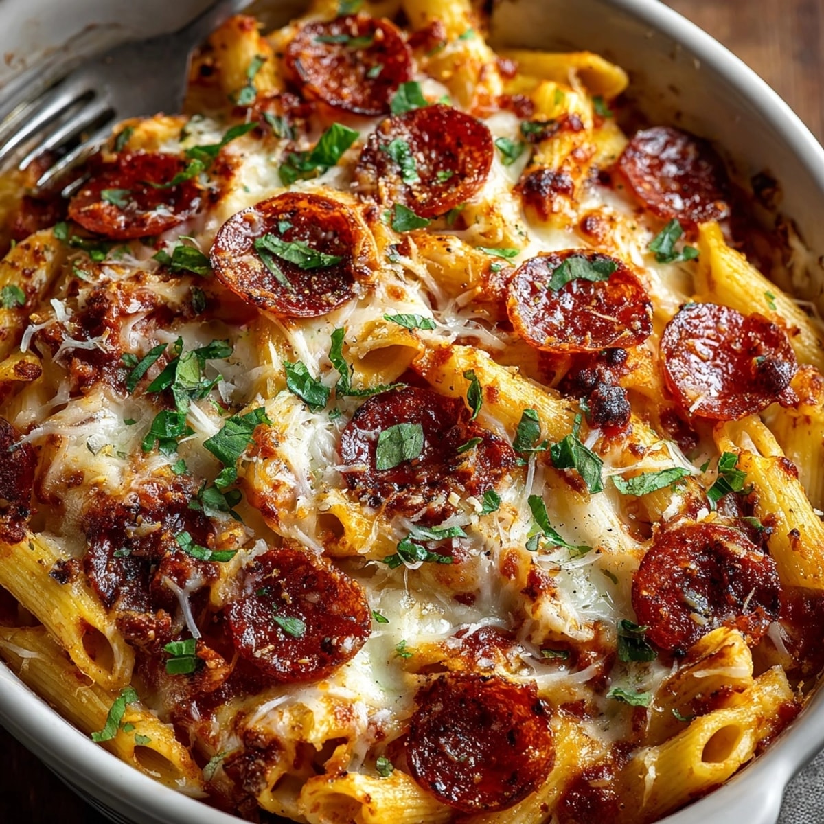 Pizza Pasta Bake with Pepperoni Chip Topping fresh from the oven, bubbling cheese and sizzling pepperoni slices.