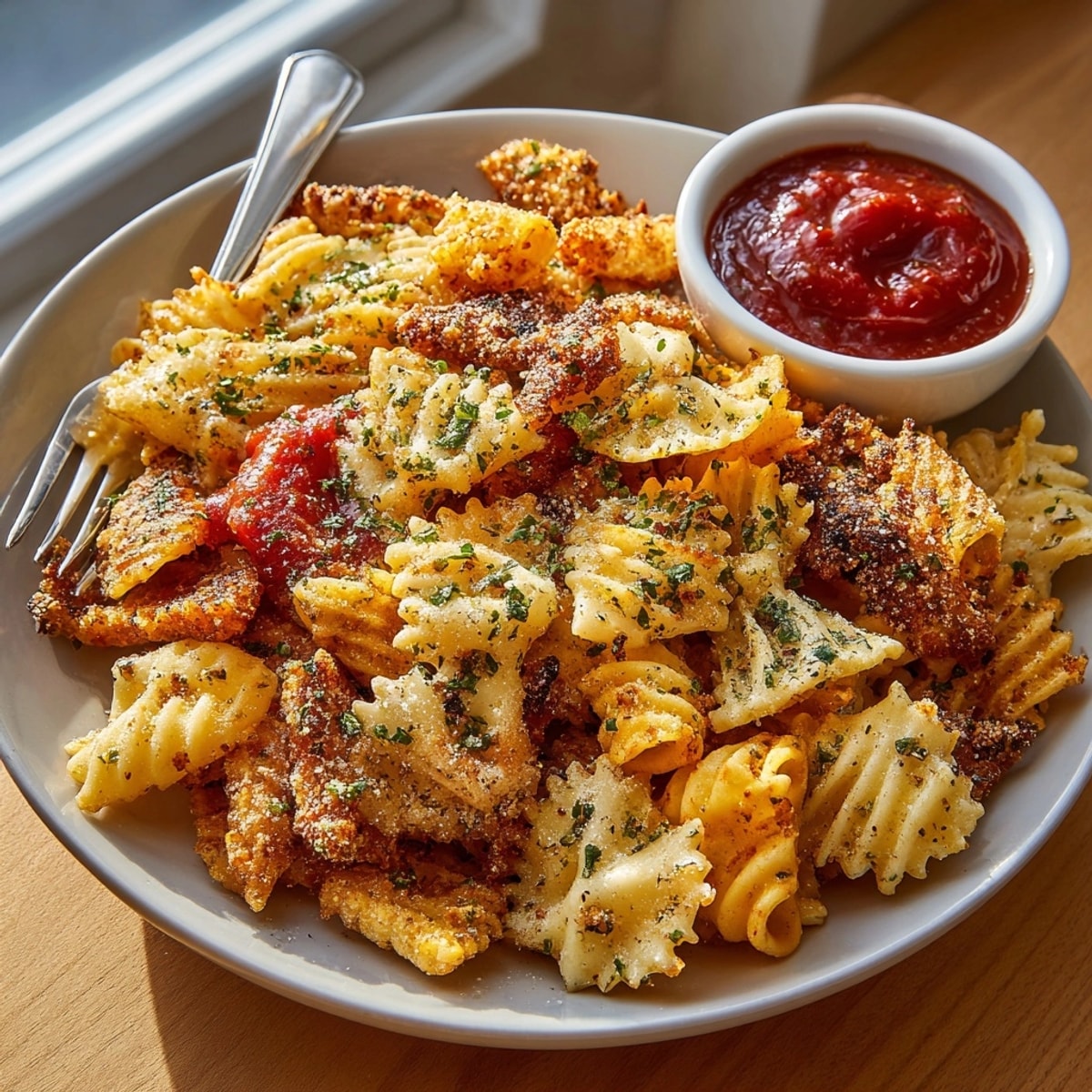 Golden and crispy air fryer pasta chips sprinkled with Parmesan, served with marinara for dipping.