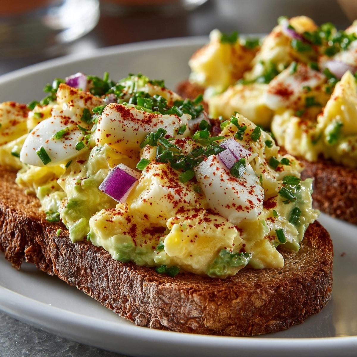 Avocado Egg Salad Toast with Paprika topped on golden sourdough, garnished with fresh herbs.