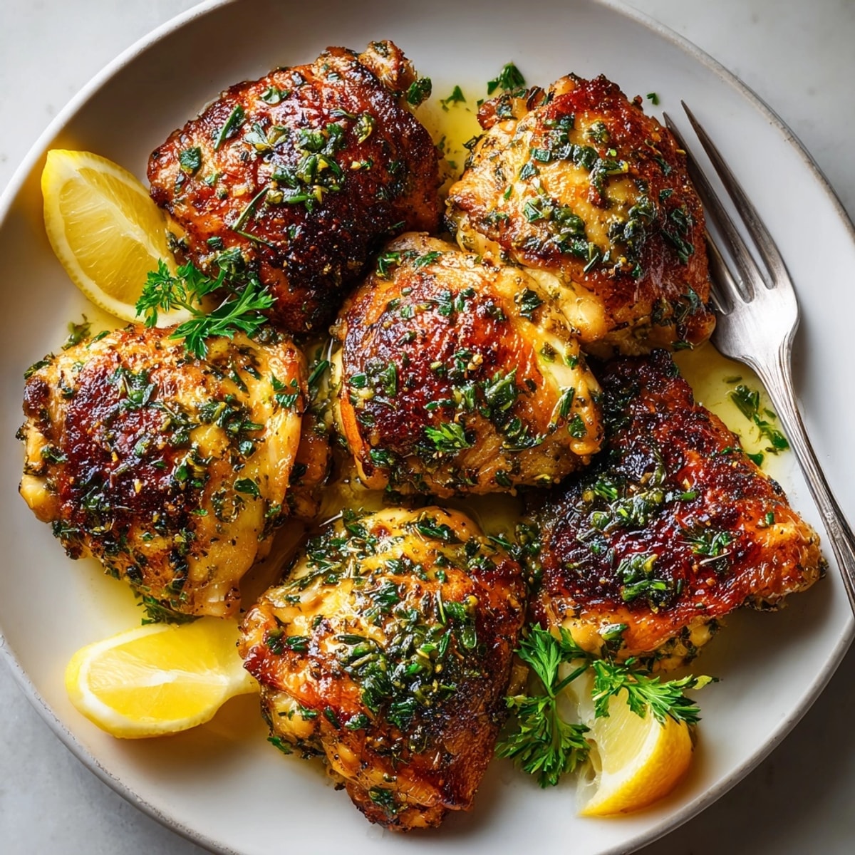 Juicy Garlic Herb Chicken Thighs on a platter, served with lemon wedges and vibrant herbs