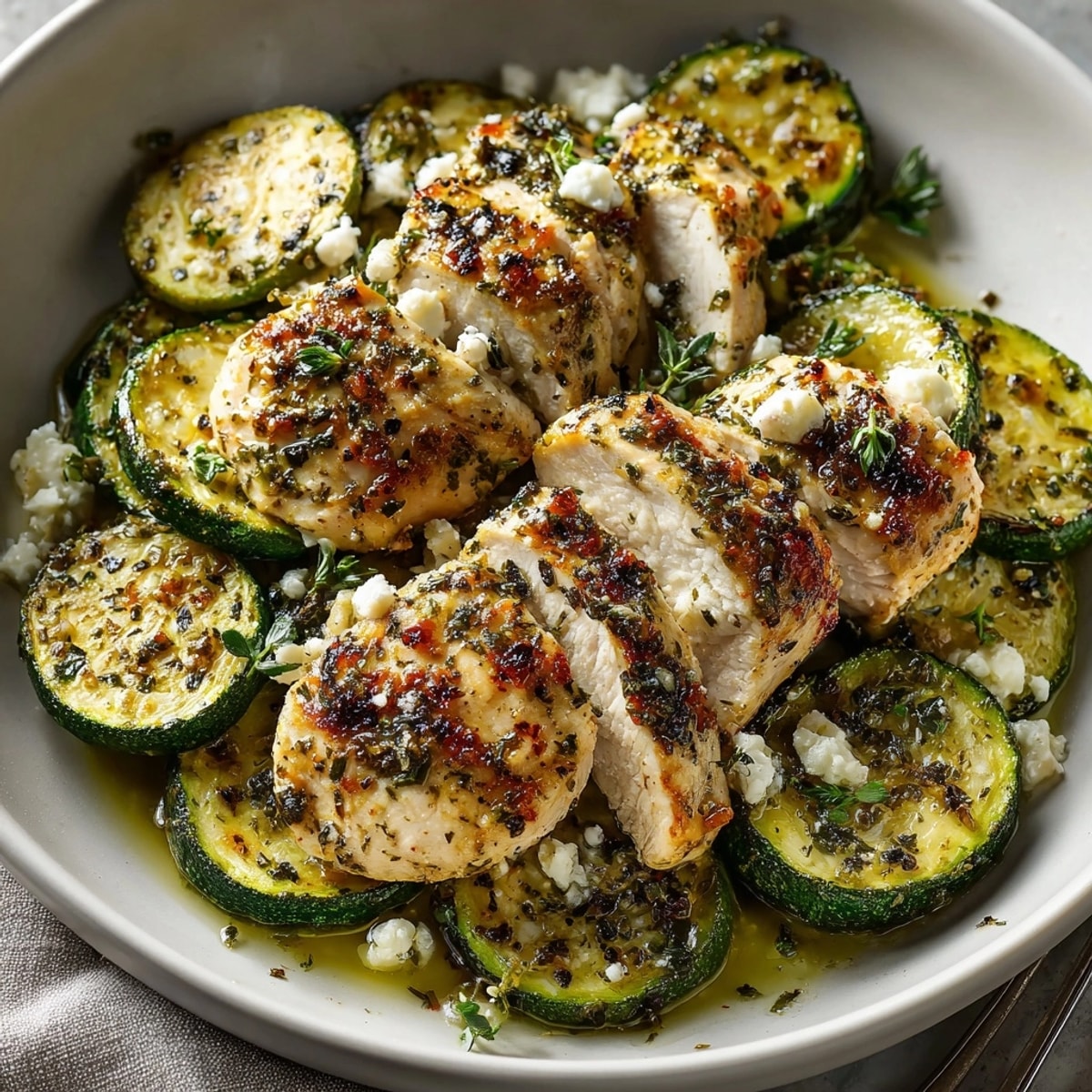 Baked Mediterranean Chicken Zucchini Bake with golden cheese, fresh herbs, and lemon wedges on a rustic plate.