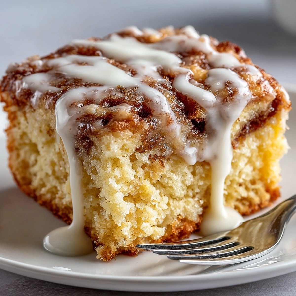 Homemade cinnamon roll coffee cake with swirled cinnamon sugar and drizzled vanilla glaze.